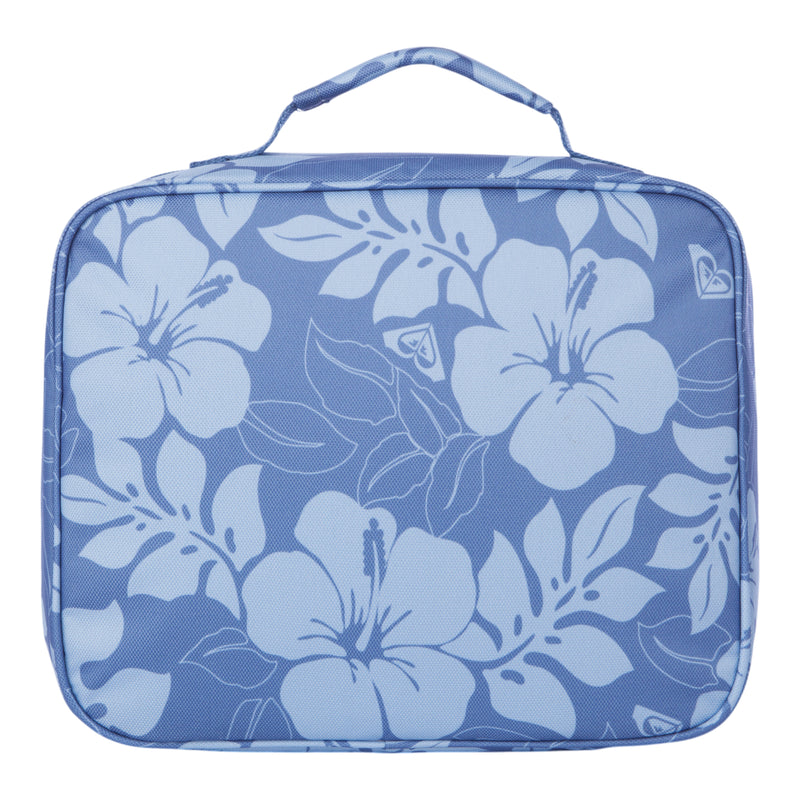 The Roxy Groove In Life Lunch Box is a rectangular blue bag with a handle, featuring a light blue hibiscus floral pattern.
