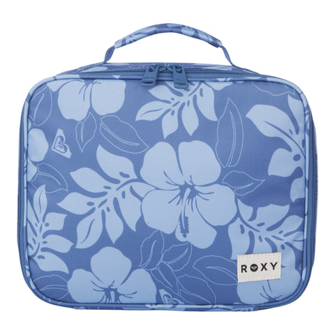 The Groove In Life Lunch Box by Roxy is a rectangular blue lunch bag featuring a floral hibiscus print, a top handle, double zippers, and a white Roxy brand patch on the bottom right corner.