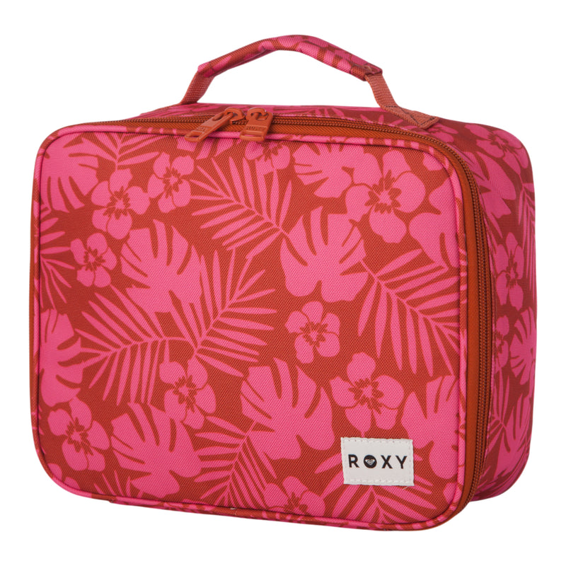 Introducing the Groove In Life Lunch Box by Roxy—a pink and red lunchbox featuring a floral and leaf pattern, a convenient top handle, zipper closure, and the ROXY logo displayed on the front label.