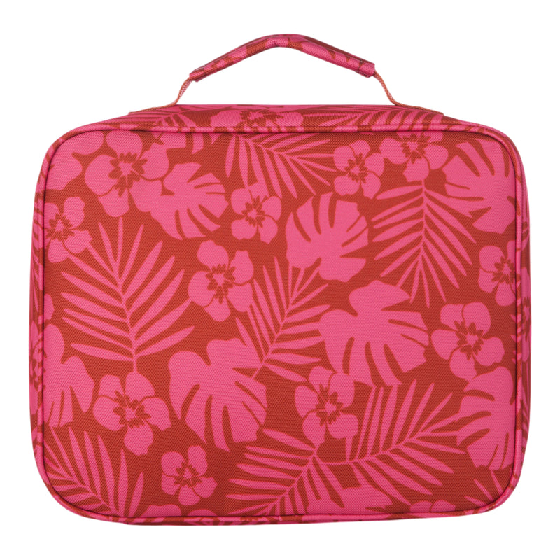 The Roxy Groove In Life Lunch Box is a rectangular bag with a handle, featuring vibrant pink tropical leaves and flowers on a bold red background.