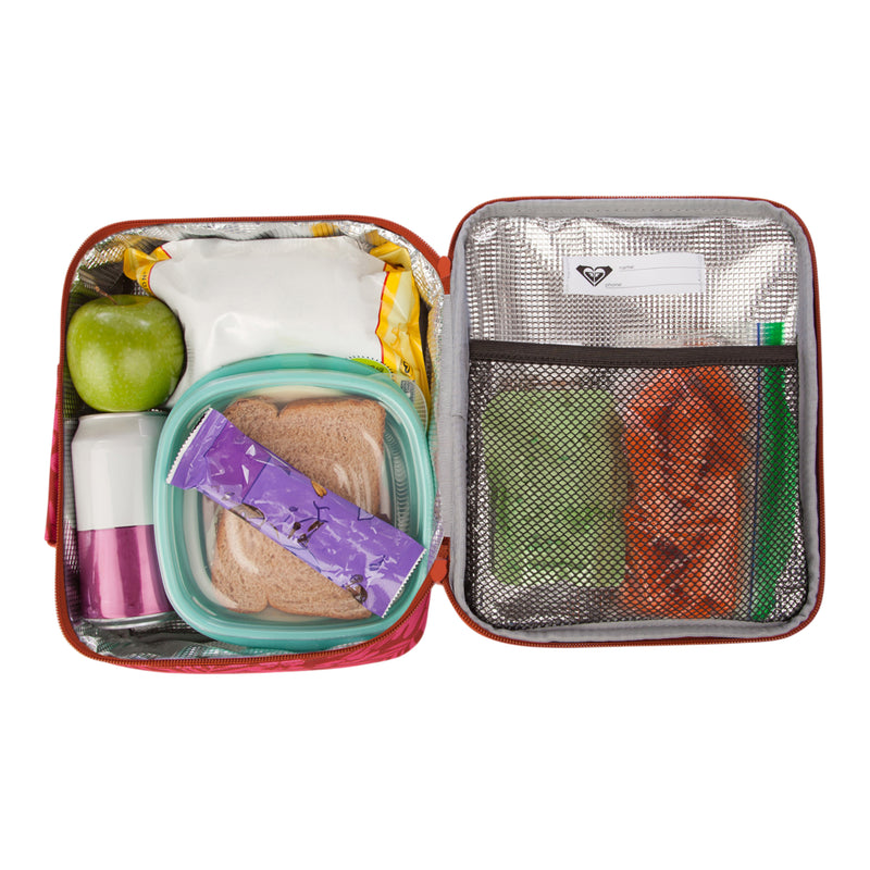 Open the Roxy Groove In Life Lunch Box, featuring a green apple, a sandwich in a plastic container, a granola bar, small containers, and snacks neatly organized inside its silver insulated lining with a mesh pocket.