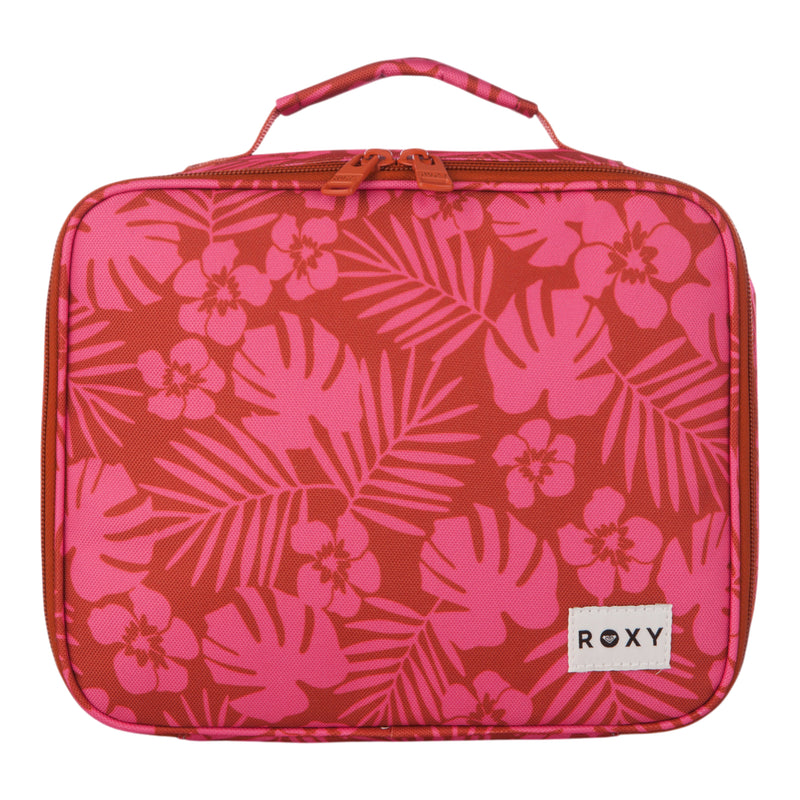 The Roxy Groove In Life Lunch Box is a rectangular lunch bag with a red and pink floral pattern, a handle, and a zipper, featuring the Roxy brand name on a white label in the bottom right corner.