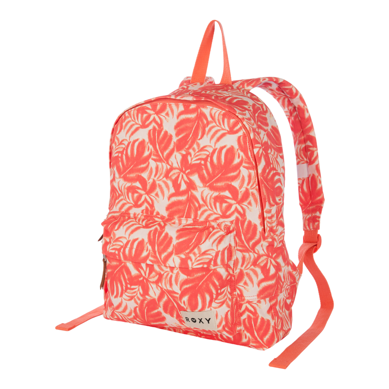 Introducing the Sugar Baby Canvas Backpack by Roxy—a coral and white backpack featuring a vibrant tropical leaf pattern, convenient front pocket, and adjustable straps for everyday comfort. Crafted from recycled cotton canvas, this backpack displays the Roxy brand label on the front pocket and is pictured standing upright against a white background.