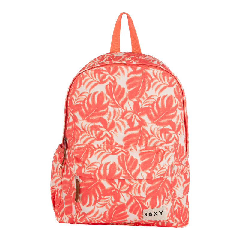 The Roxy Sugar Baby Canvas Backpack in Coral Palm Haze features a vibrant tropical leaf pattern in coral and white, perfect for everyday use. Crafted from recycled cotton for an eco-friendly touch, this stylish bag includes a front zip pocket, side pocket, and displays a small Roxy logo patch at the bottom right. It’s finished with matching coral-colored top handle and zippers.