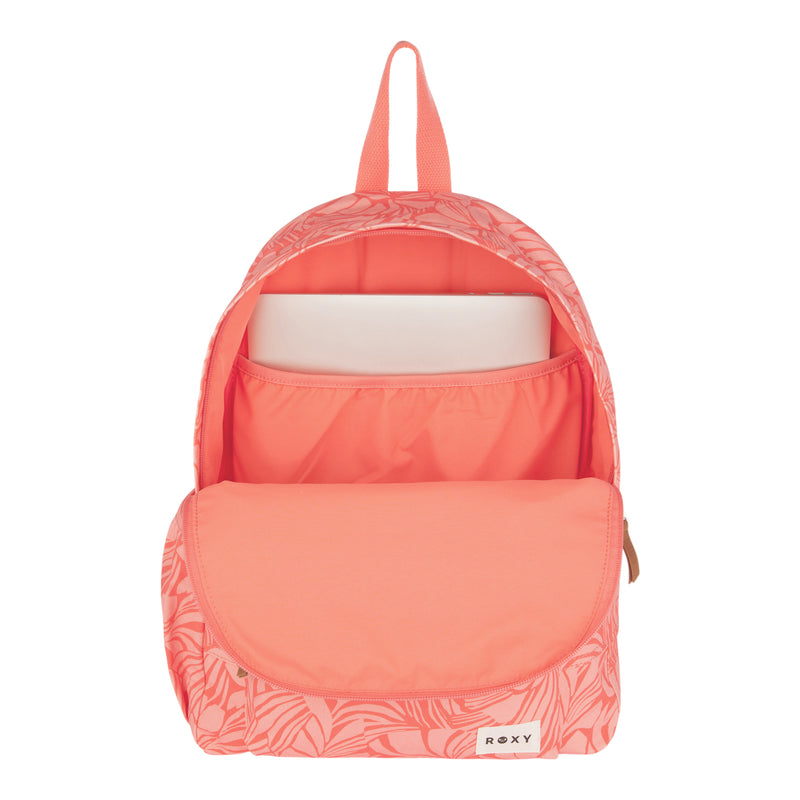 A coral pink ROXY Sugar Baby Canvas Backpack featuring a leaf print is shown unzipped, revealing an inner pocket with a laptop inside. Made from recycled cotton canvas, this backpack offers a stylish nod to sustainable fashion, highlighted by the ROXY logo on the front pocket.