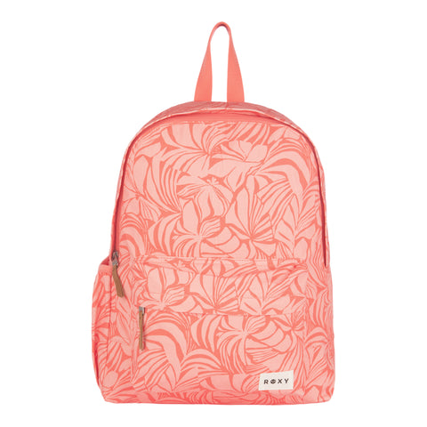 Coral pink ROXY Sugar Baby Canvas Backpack featuring a tropical leaf pattern, front zippered pocket, side pocket, and a small stitched ROXY label at the bottom front—crafted from recycled cotton for effortless style that supports sustainable fashion.