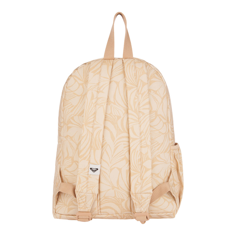 The ROXY Sugar Baby Canvas Backpack, crafted from beige recycled cotton with a subtle leaf pattern, features tan straps, side pockets, and a small front logo patch. Shown from the back against a white background, it’s a stylish pick for those who appreciate sustainable fashion.
