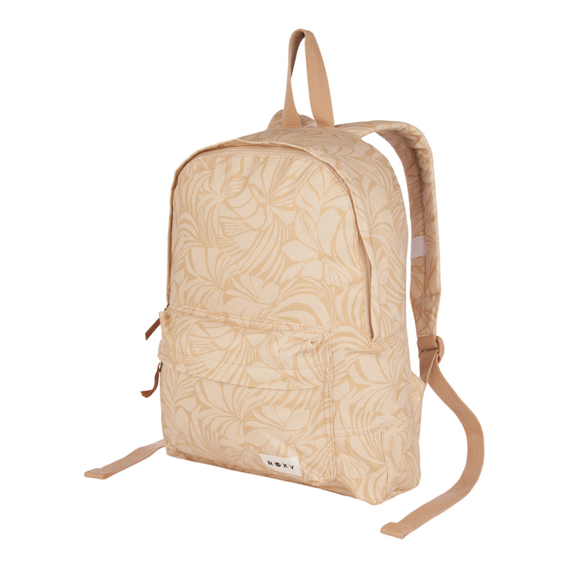 Beige ROXY Sugar Baby Canvas Backpack featuring a subtle leaf pattern, front zipper pocket, and adjustable shoulder straps, displayed at an angle on a white background—an ideal pick for those who appreciate sustainable fashion.