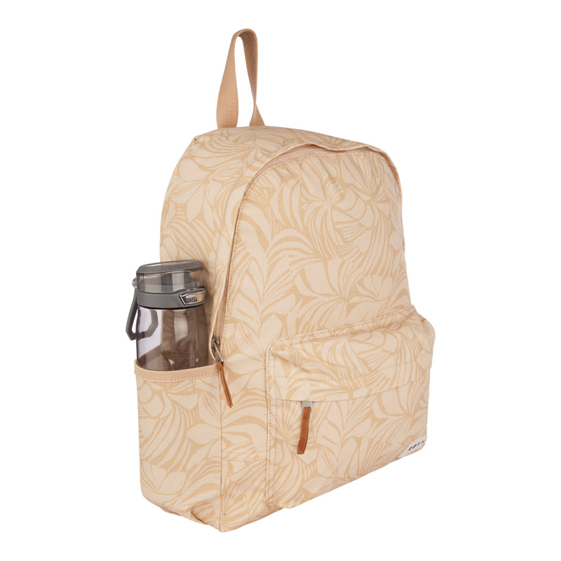 The ROXY Sugar Baby Canvas Backpack in beige features a subtle leaf pattern, a front pocket, and a clear water bottle tucked into the side pocket. Crafted from recycled cotton for sustainable style, it is displayed against a white background.