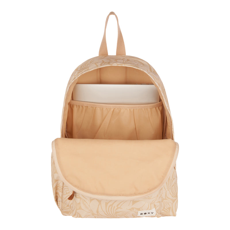 A beige ROXY Sugar Baby Canvas Backpack featuring a subtle leaf design is shown open, revealing a laptop compartment and extra interior pockets. Made from recycled cotton, this stylish backpack embodies sustainable fashion, with the front flap down to display the ROXY brand label at the bottom.