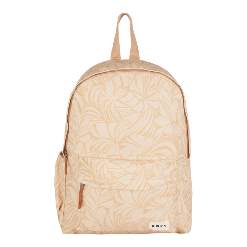 The ROXY Sugar Baby Canvas Backpack features a beige design with a subtle leaf pattern, front and side pockets, and a tan handle. Made from recycled cotton for eco-conscious fashion lovers, it’s finished with the ROXY brand label sewn near the bottom right of the front pocket.