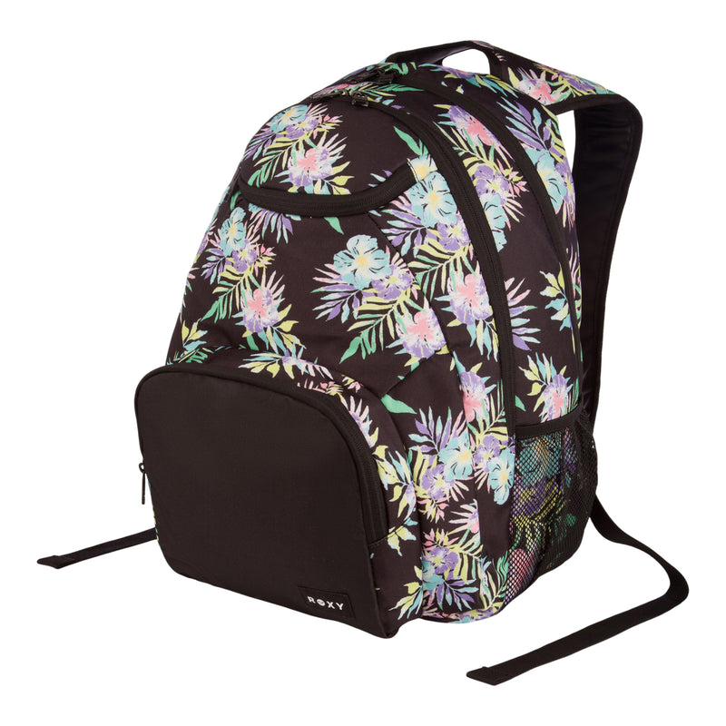 The ROXY Shadow Swell Backpack is a black backpack with a vibrant floral pattern, designed with a spacious front pocket, mesh side pocket, and padded shoulder straps for comfort.