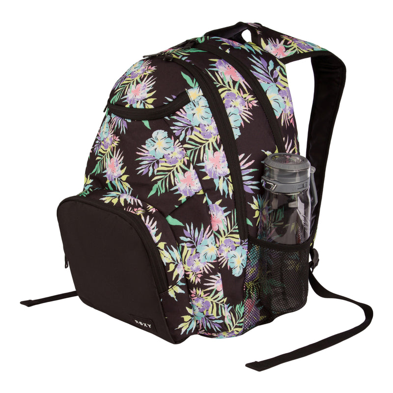 A ROXY Shadow Swell Backpack in black, featuring vibrant floral patterns, a spacious front pocket, and a mesh side pocket with a water bottle.