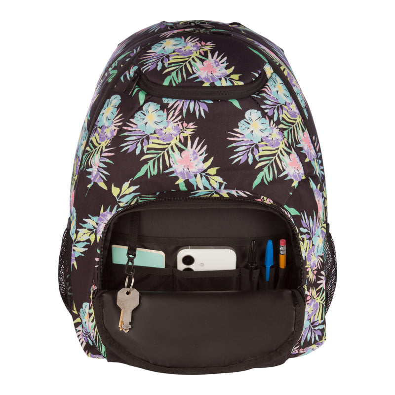 The ROXY Shadow Swell Backpack, featuring a floral pattern, is shown with its front pocket open to reveal a phone, keys, pens, and a rectangular object inside.