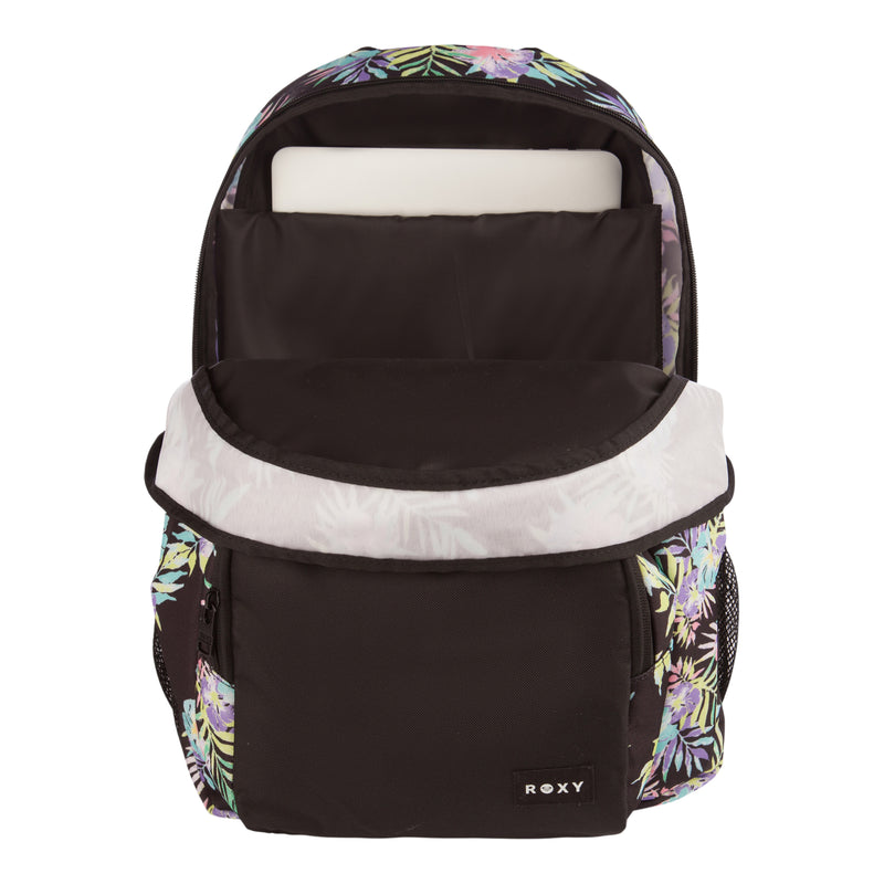 A ROXY Shadow Swell Backpack in black with a floral pattern, opened to show its laptop compartment and front pocket. A small ROXY label is visible on the front.