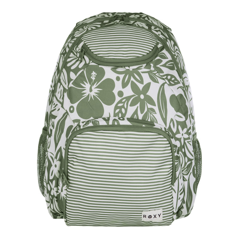 The Roxy Shadow Swell Backpack in green and white showcases floral and striped patterns, and features multiple zippered compartments along with mesh side pockets.