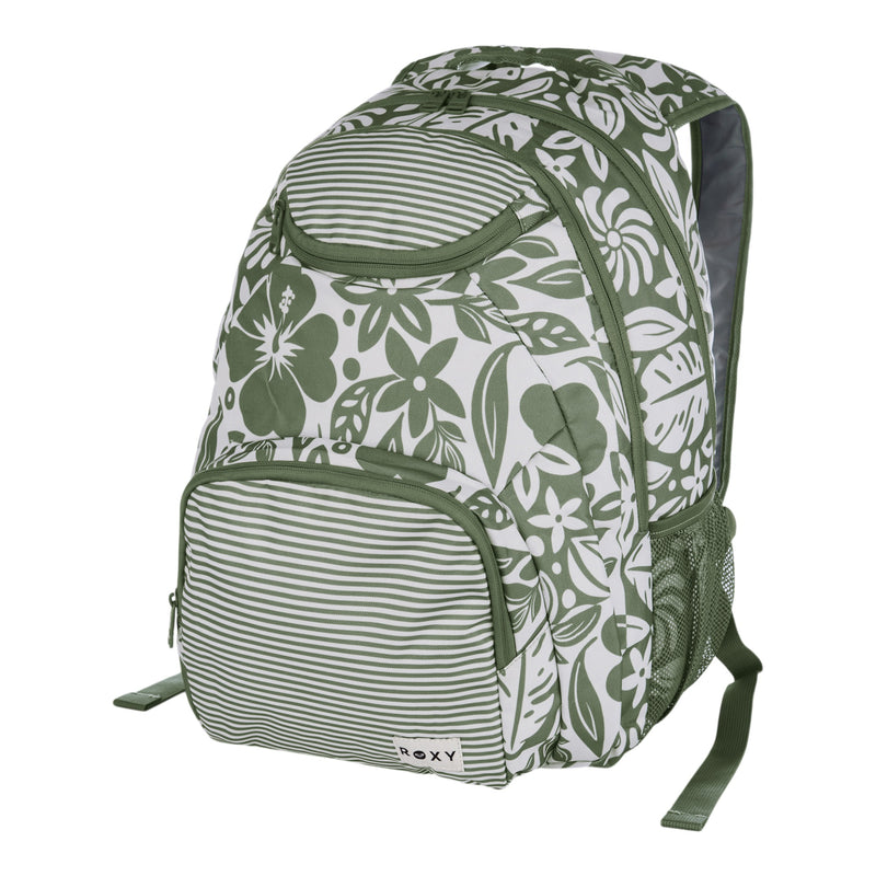 The Roxy Shadow Swell Backpack features a green and white floral pattern, a striped front pocket, top handle, padded shoulder straps, side mesh pocket, and a Roxy label on the front.