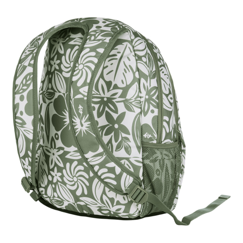 The Roxy Shadow Swell Backpack is shown from the back, displaying its green and white floral pattern, adjustable straps, and a mesh side pocket.