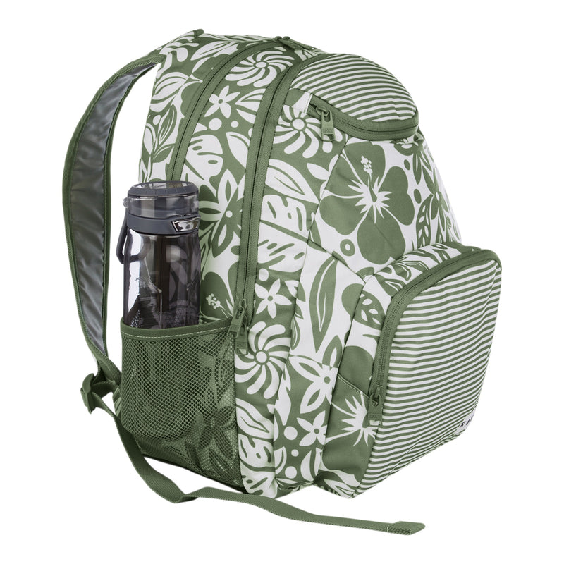 A green and white floral-patterned Shadow Swell Backpack by Roxy, featuring multiple zippered pockets, a striped front panel, and a clear water bottle in the side mesh pocket, displayed on a plain white background.