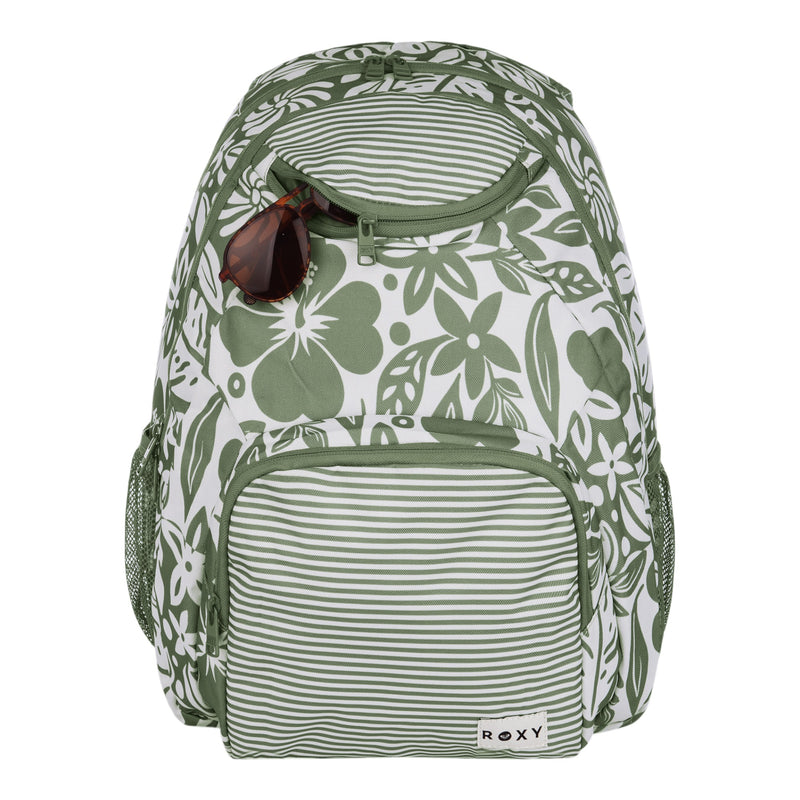 Green and white floral Shadow Swell Backpack by Roxy featuring a striped front pocket, mesh side pockets, a ROXY logo label, and sunglasses attached to the top zipper.
