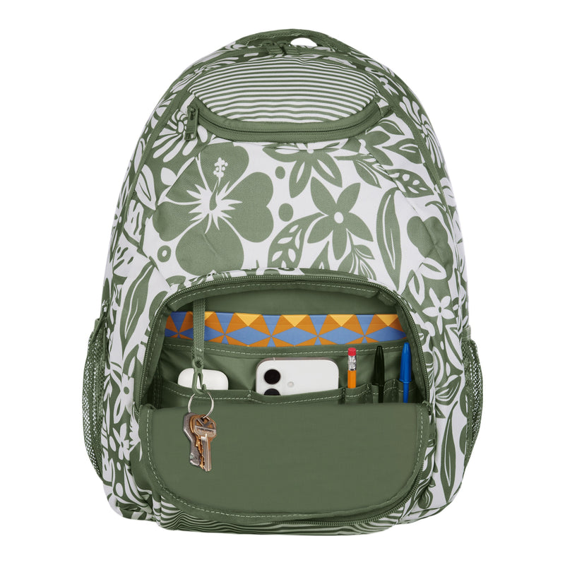 The Roxy Shadow Swell Backpack in green and white features a floral design and an open front pocket displaying keys, a phone, pens, and a notebook inside.