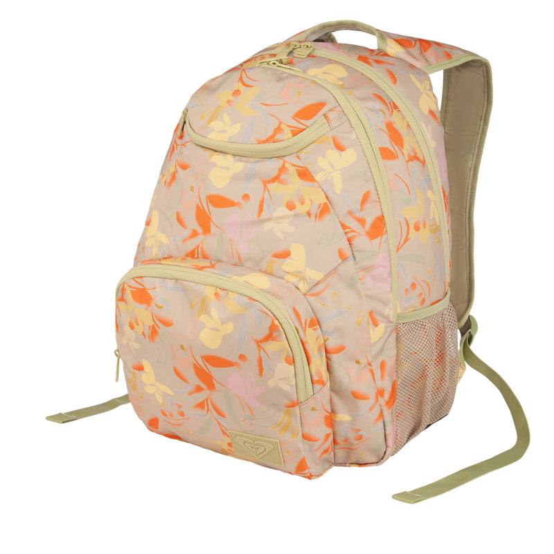 Introducing the ROXY Shadow Swell Backpack, a beige backpack adorned with orange, yellow, and lavender floral patterns. It features a spacious main compartment, a front zip pocket, a side mesh pocket, and padded shoulder straps for comfort.