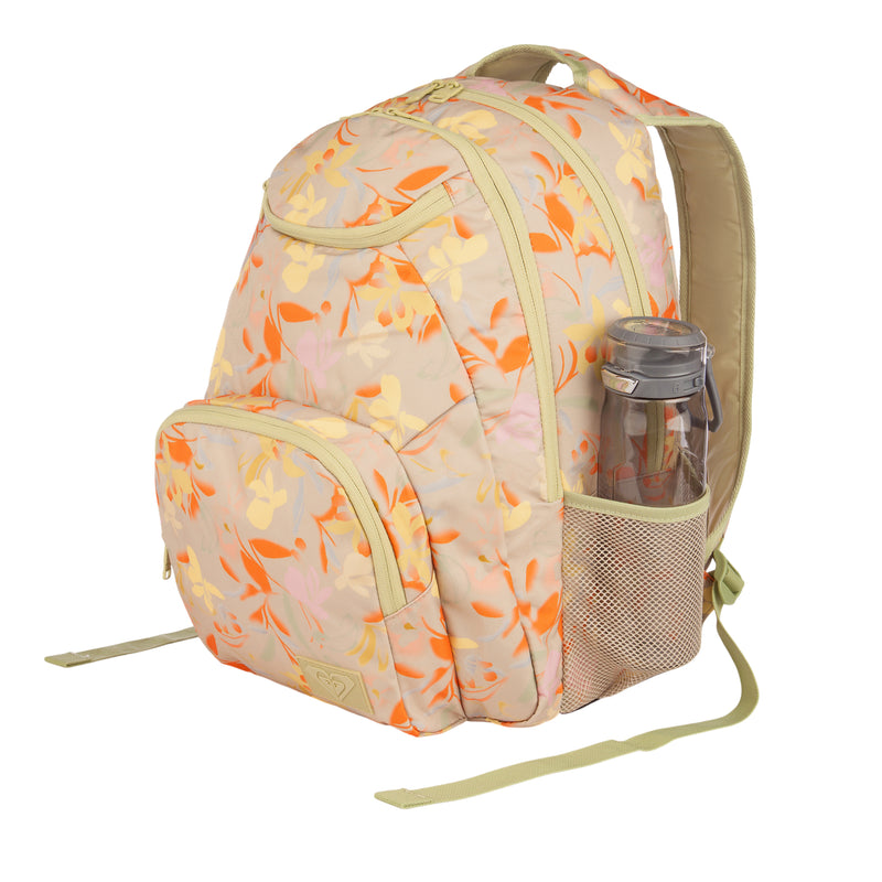 A ROXY Shadow Swell Backpack in beige features orange and yellow floral patterns, two zippered compartments, and a side mesh pocket holding a water bottle.