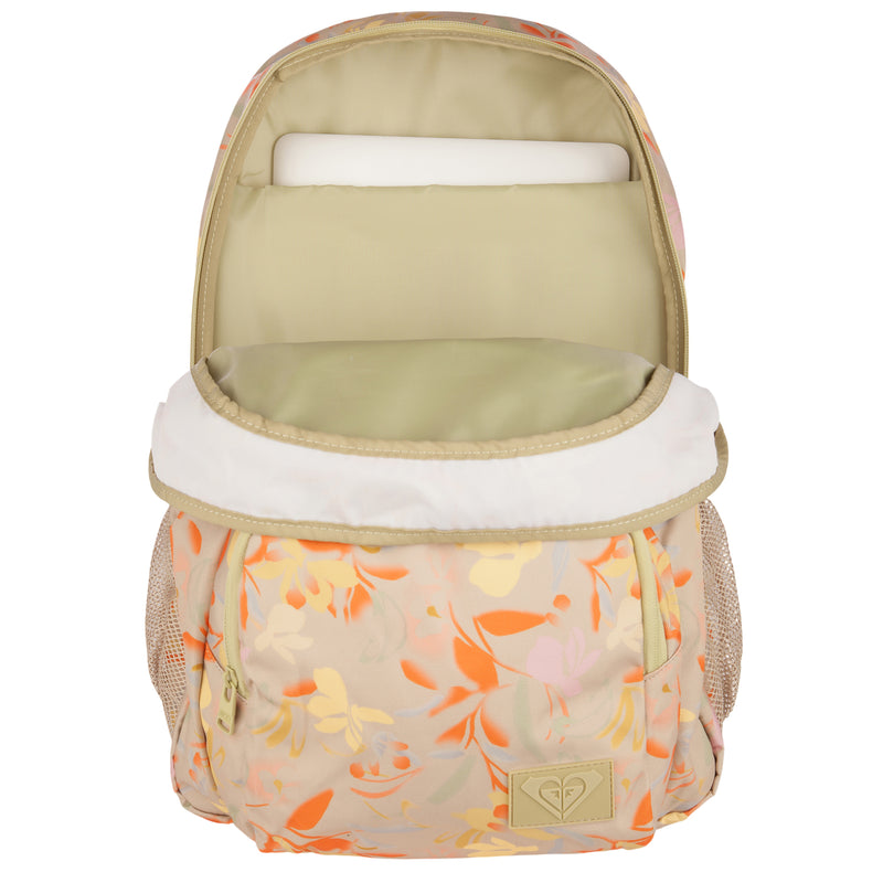 The ROXY Shadow Swell Backpack features a light-colored fabric decorated with pastel floral patterns and includes mesh side pockets. Its main compartment is open in the image, revealing a padded sleeve inside that can hold a laptop or tablet.