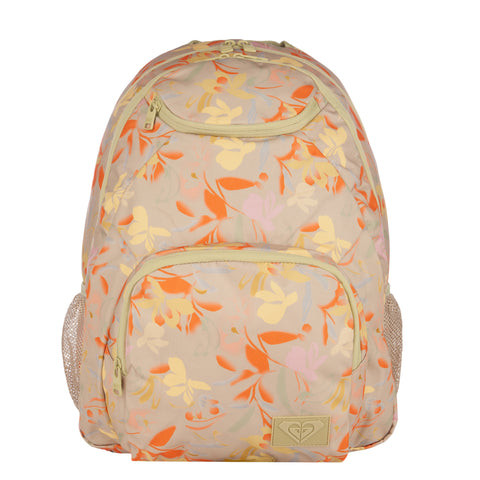 The ROXY Shadow Swell Backpack features a beige background adorned with a vibrant floral pattern in orange, yellow, and pink. It includes two zippered front pockets, mesh side pockets, and is finished with a beige ROXY logo patch at the bottom.