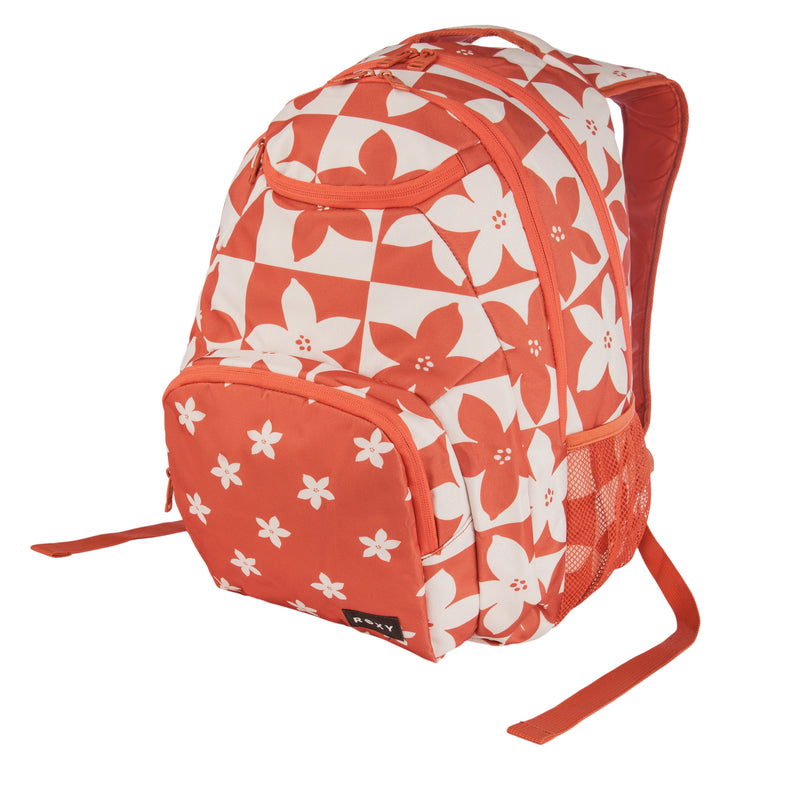 The ROXY Shadow Swell Backpack showcases an orange design with white floral and checkered patterns, and includes a front pocket, side mesh pocket, and padded shoulder straps.