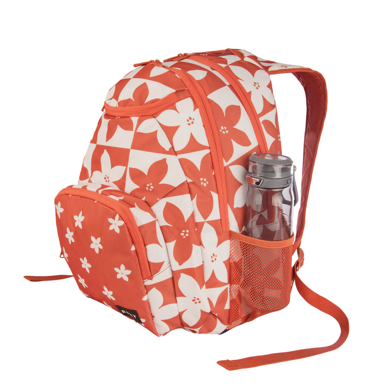 The ROXY Shadow Swell Backpack, featuring an orange and white floral pattern, is displayed on a white background with a clear water bottle in its side mesh pocket.