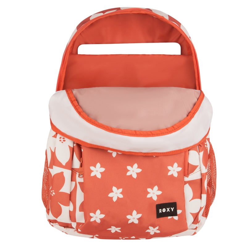 The ROXY Shadow Swell Backpack features an orange and white floral design, mesh side pockets, a front pocket, and an open main compartment. The ROXY brand tag is visible on the front.