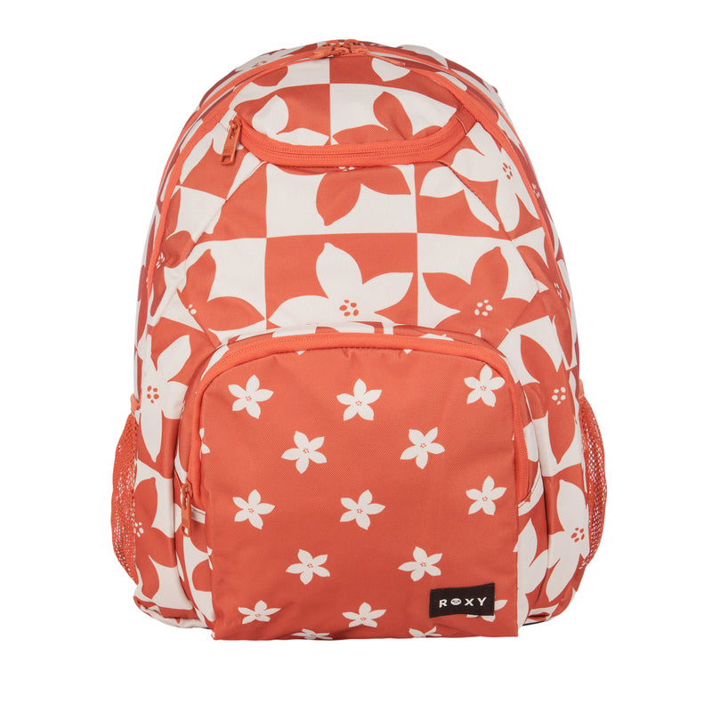 ROXY Shadow Swell Backpack in red and white, featuring a floral and checkerboard pattern, front pocket, side mesh pockets, and a black ROXY logo tag.