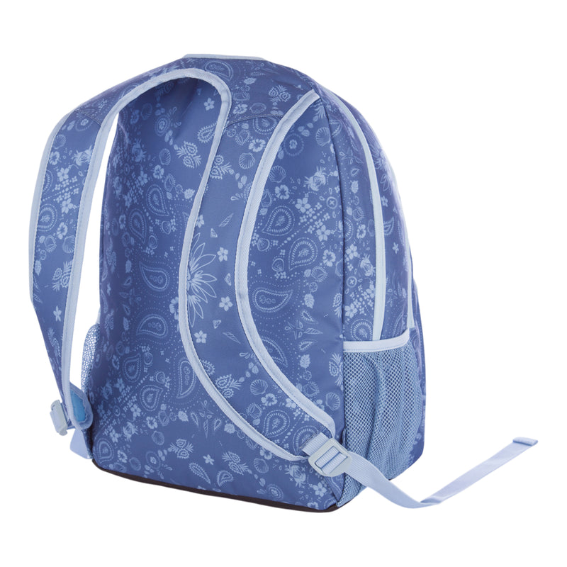 The Roxy Shadow Swell Backpack features a blue design with white paisley patterns, white trim, adjustable light blue straps, a zippered front pocket, and a side mesh pocket, displayed on a white background.