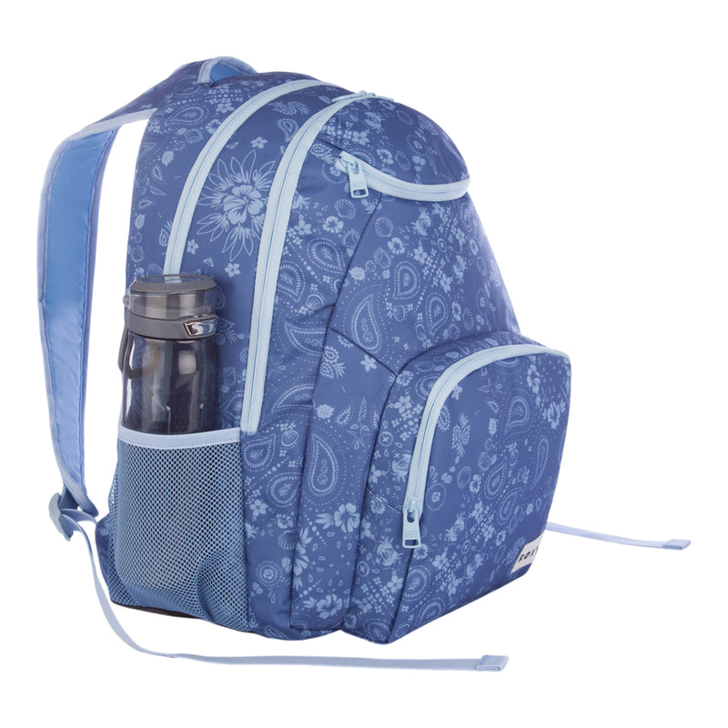 The Roxy Shadow Swell Backpack, featuring a blue floral pattern with light blue zippers and straps, is displayed at an angle. A gray water bottle is placed in the side mesh pocket. The backpack includes multiple compartments and is set against a white background.