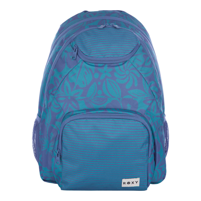 The Roxy Shadow Swell Backpack features a blue and teal floral pattern, a front zip pocket with a ROXY label, a top zip pocket, and mesh side pockets.