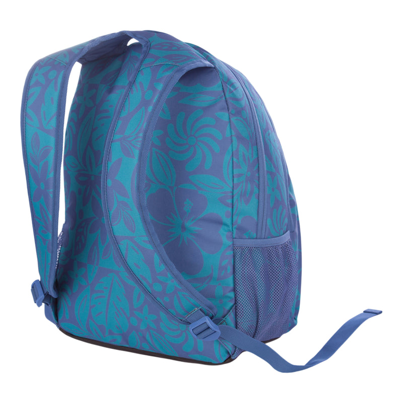 The Roxy Shadow Swell Backpack features turquoise floral patterns, a mesh side pocket, and adjustable shoulder straps, shown at an angle against a white background.