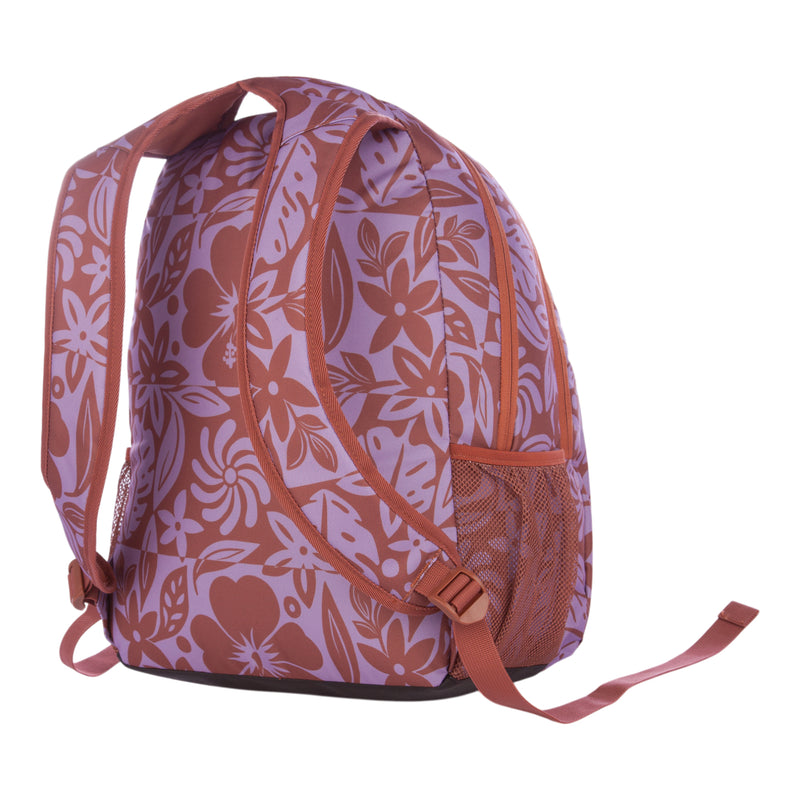A Roxy Shadow Swell Backpack in a purple and brown floral pattern, featuring mesh side pockets, padded straps, and an adjustable strap, photographed on a white background.