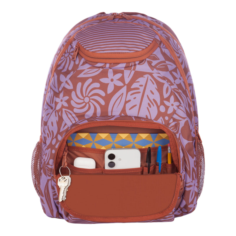 The Roxy Shadow Swell Backpack in a pink and orange floral pattern features a front pocket that opens to reveal organized storage for a folder, smartphone, pens, and includes a small hook with an attached key inside.