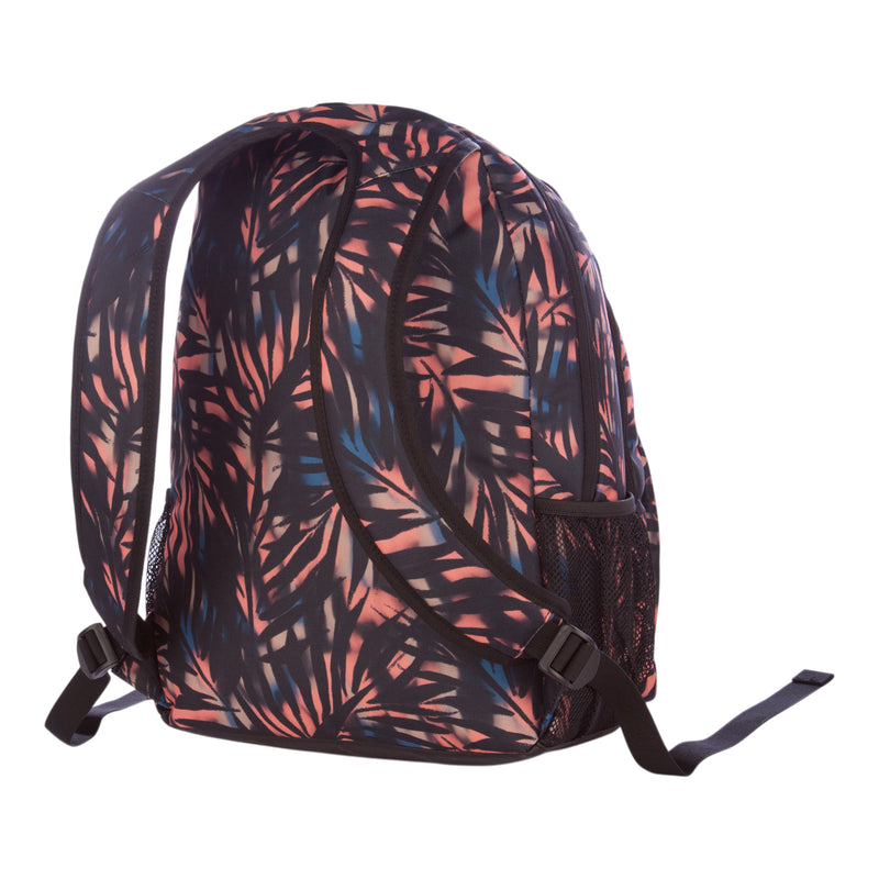 The Roxy Shadow Swell Backpack features a pink, black, and blue abstract leaf pattern, two padded shoulder straps, and a mesh water bottle pocket on the side.