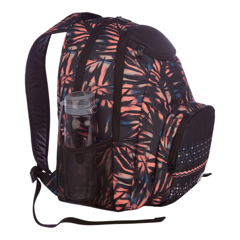 A Roxy Shadow Swell Backpack in black, featuring pink and blue leaf patterns, a front zip pocket accented with small dotted designs, and a side mesh pocket carrying a clear plastic water bottle.