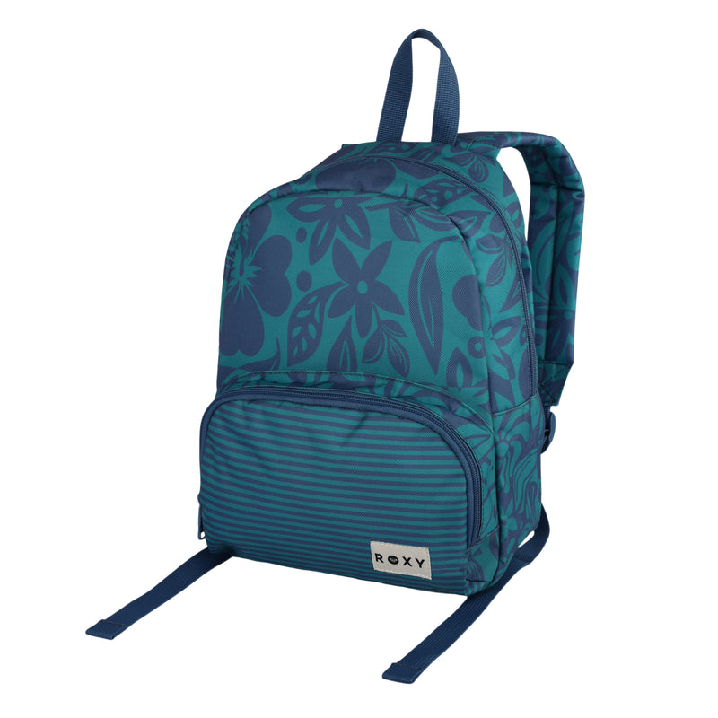 Introducing the Roxy Always Core Printed Backpack, showcasing floral and striped patterns in teal and navy blue, with a front zipper pocket and a ROXY label near the bottom.