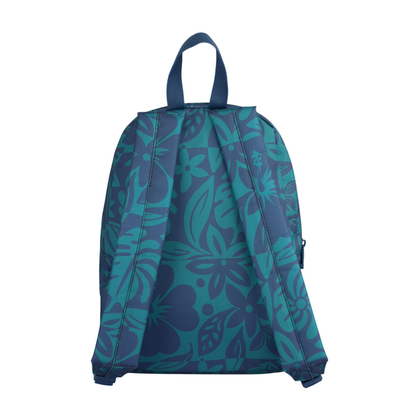 The Roxy Always Core Printed Backpack features a blue floral pattern in shades of teal and is shown from the back, highlighting its two adjustable shoulder straps and top carrying handle.