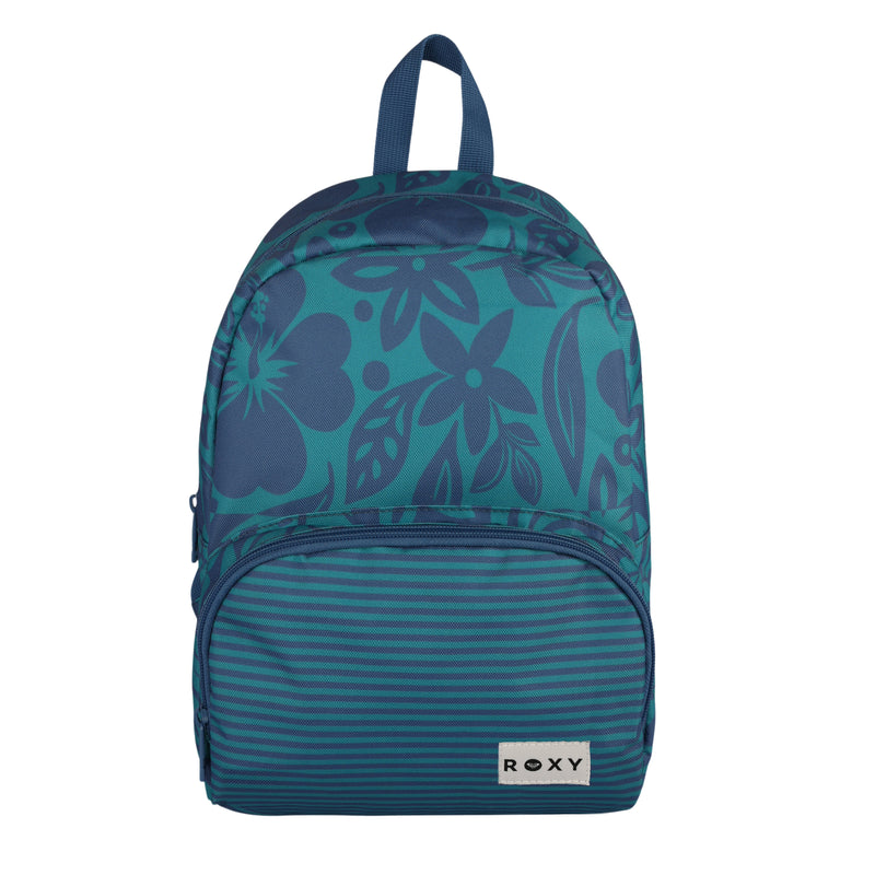 The Always Core Printed Backpack by Roxy features a teal design with dark blue floral patterns and horizontal stripes on the front pocket. A fabric label with the ROXY logo is sewn onto the pocket, and the backpack includes a top handle and a zipper closure.