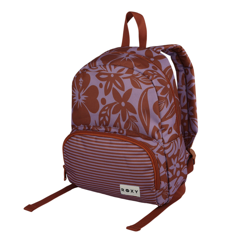 The Roxy Always Core Printed Backpack features a brown and lavender floral pattern, a striped front pocket, padded shoulder straps, and a ROXY label on the front.