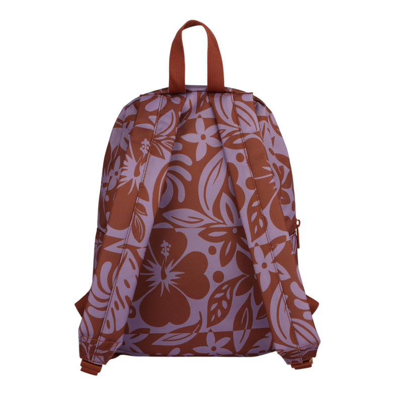 The Roxy Always Core Printed Backpack features a brown and light purple floral pattern and is shown from the back, highlighting two adjustable shoulder straps and a top carrying handle.