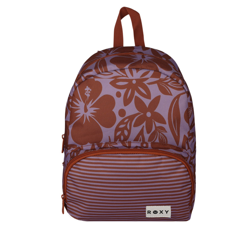 The Roxy Always Core Printed Backpack features brown and purple floral and striped patterns, a convenient front zipper pocket, and a top handle.