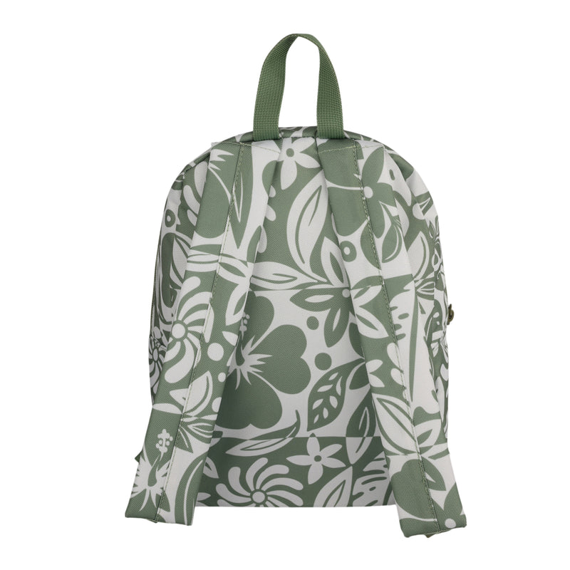 The Roxy Always Core Printed Backpack is shown from the back, highlighting its green and white floral and leaf pattern, two adjustable shoulder straps, and a fabric handle on top.
