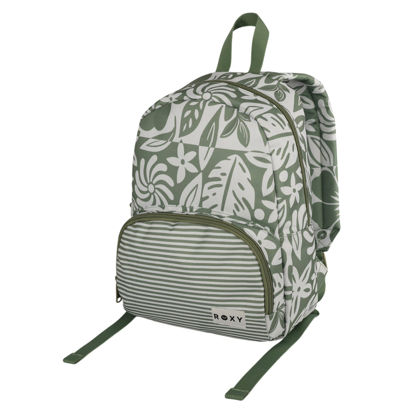 Roxy’s Always Core Printed Backpack features a green and white design with floral and leaf patterns on the main section, complemented by horizontal stripes on the front pocket. The backpack is finished with green zippers, handle, and straps.