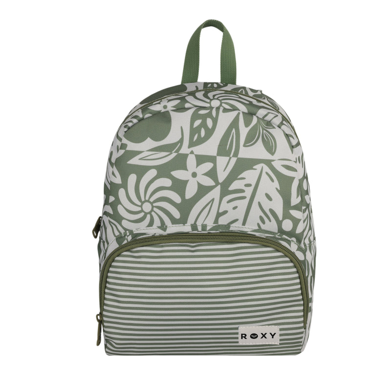 The Roxy Always Core Printed Backpack features a green and white floral pattern on the main compartment, complemented by horizontal stripes on the front pocket, and is finished with a small green handle at the top.